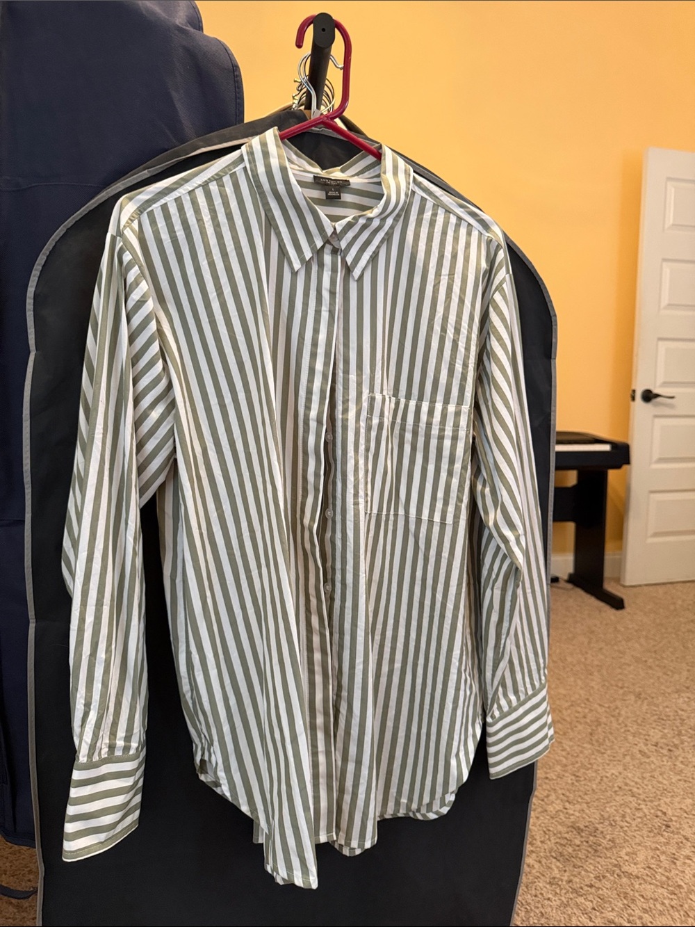 Women’s Olive & White Stripe Button-Up Blouse - Classic Collared Shirt